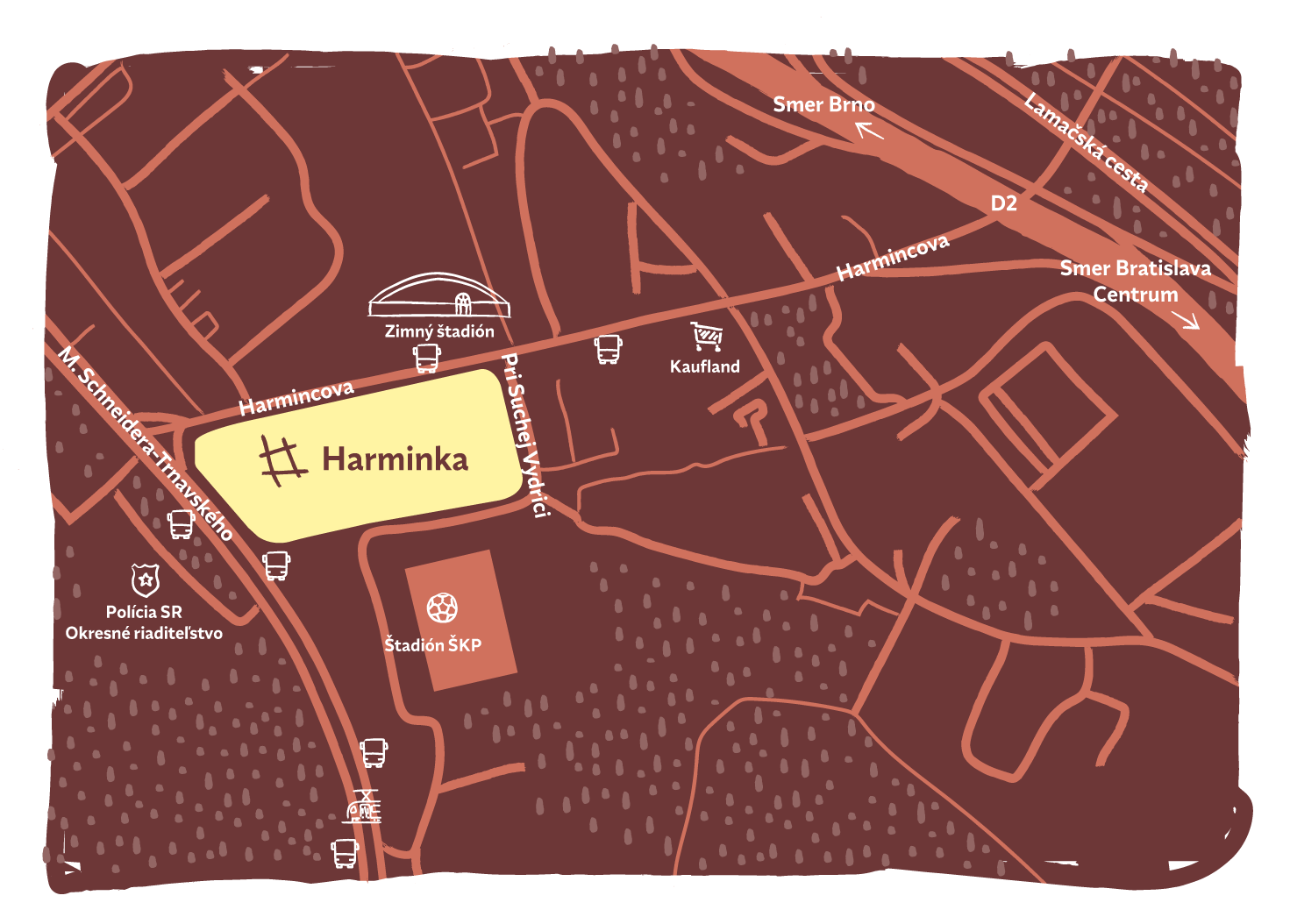 Mapa polohy Harminky na Harmincovej ulici pri ulici Pri Schenke, v okolí sú Kaufland, zimný štadión a štadión ŠKP
